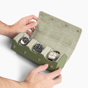 Prism 2.0 Leather Watch Roll Handmade - Black/Tan/Green - Microfiber Adjustable Cushions - Genuine Calf Pebbled Leather