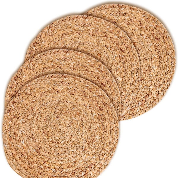 Round Woven Placemats -Natural Wicker Placemat Set of 4- Round Place Mats 13'' Crafted with Braided Water Hyacinth- Heat Resistant Mats