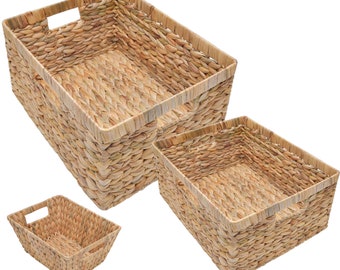 eComahrt Water Hyacinth Storage Baskets - Rectangular Wicker Baskets with Built-in Handles, Set of 3 (Small, Medium, and Large Sizes)