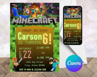 Minecrafter Birthday Invitation & Video Template! Customizable Instant Digital Download