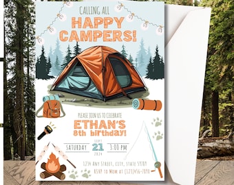Happy Camper Birthday Invitation | Camping Party Invite | Outdoor Adventure Birthday | Tent Theme Party | Kids Campout Party