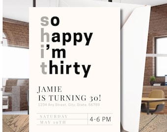 So Happy I'm Thirty (Sh * t) Geburtstagseinladungsvorlage | Lustige 30.Geburtstags-Party einladen | Bearbeitbarer digitaler Download | Sofortiger Zugriff