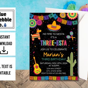 Modèle d'invitation d'anniversaire de trois ans | 3e invitation fiesta d'anniversaire | Fête mexicaine de tacos à imprimer | Carte modifiable pour le 3e anniversaire