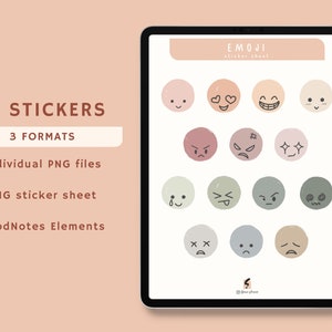 May include: A digital tablet screen displaying a sheet of 14 emoji stickers in various colors and designs. The text "EMOJI sticker sheet" is at the top of the screen. The text "14 STICKERS" and "3 FORMATS" is displayed on the left side of the screen.