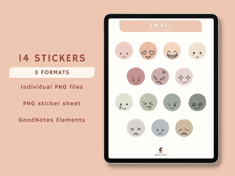 May include: A digital tablet screen displaying a sheet of 14 emoji stickers in various colors and designs. The text "EMOJI sticker sheet" is at the top of the screen. The text "14 STICKERS" and "3 FORMATS" is displayed on the left side of the screen.