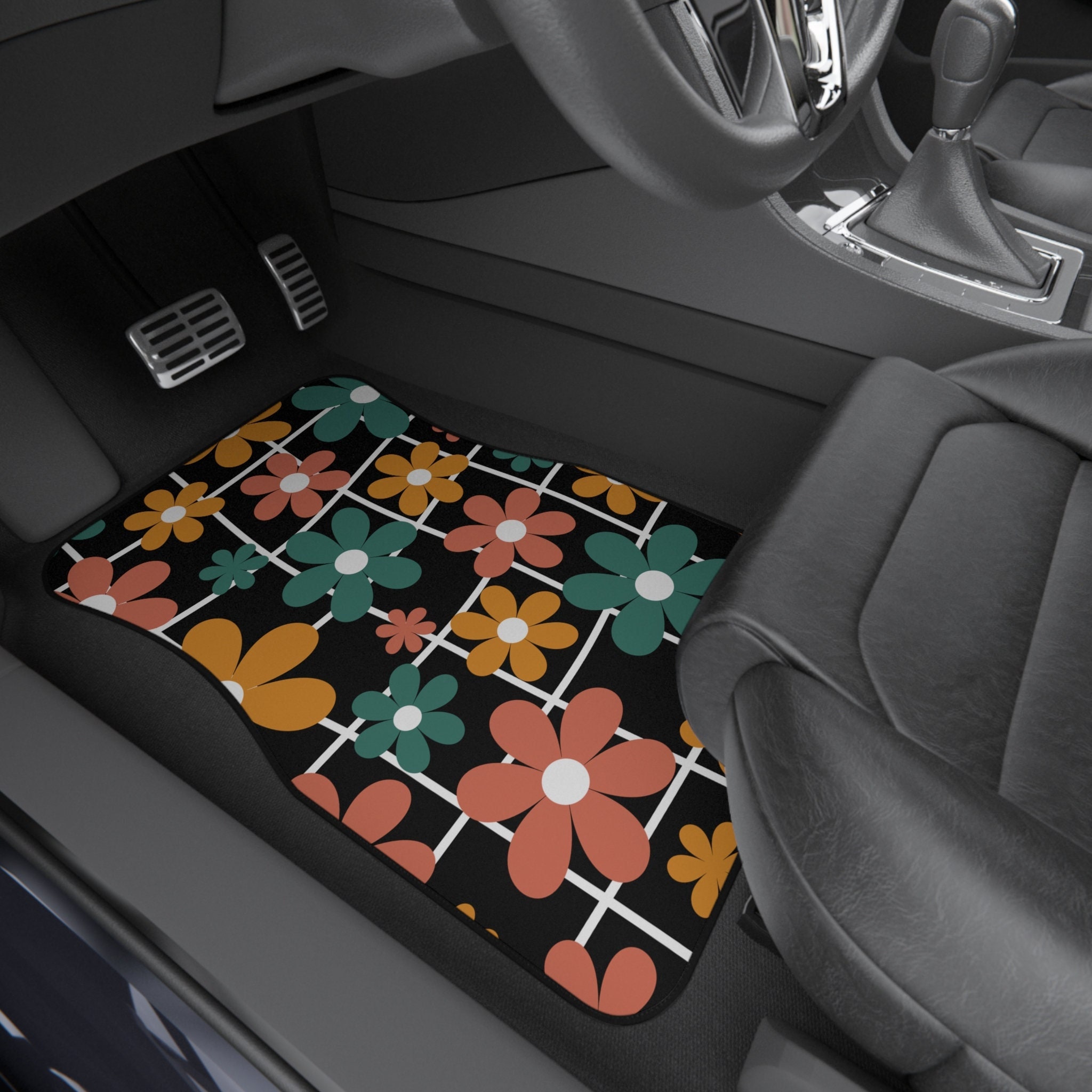 Discover Flower Retro Style Checkered Car Mats