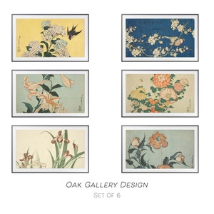 May include: Set of six framed prints featuring Japanese woodblock prints of flowers and birds. The prints are in a traditional style with vibrant colors and delicate details. The frames are black and have a simple design.
