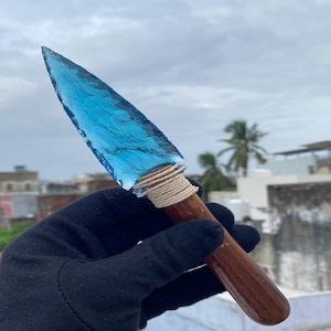 Aqua Blue Obsidian Knife – 8” Handmade Crystal Blade with Wood Handle | Flint Knapped Arrowhead, Metaphysical Decor, Collector Gift