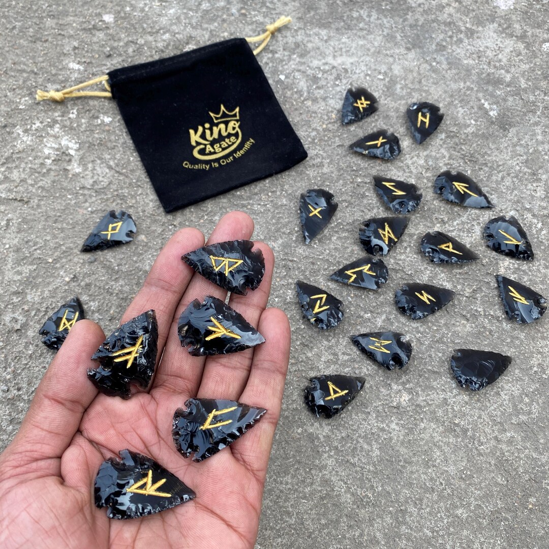 Black Obsidian Rune Set Elder Futhark Arrowhead Runes for Divination ...