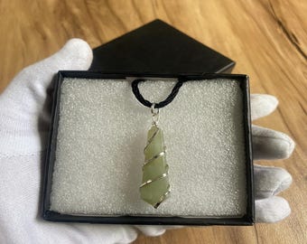 Green Aventurine Crystal Pendant Necklace: Silver Spiral Wire-Wrapped Boho Jewelry