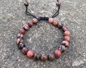 Rhodonite Beaded Bracelet | Natural Stone Jewelry | Healing Crystal Bracelet for Love And Balance | Adjustable Cord Gift for Her & Him