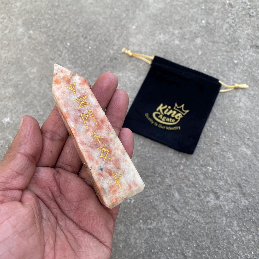 Sun Rune Stone Sunstone Rune Obelisk Wand | Norse Rune Crystal Set | Hand Carved ...