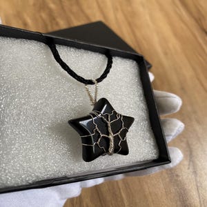Black Obsidian Star Tree of Life Pendant: Silver Wire Wrapped Crystal