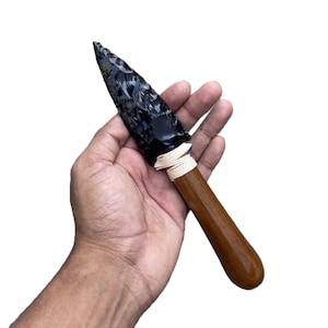8'' Inch Handmade Black Obsidian Knife – Flint Knapped Blade with Wooden Handle – Primitive Dagger for Collectors & Hunters – Unique Gift