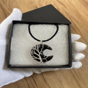 Black Obsidian Crescent Moon Necklace: Wire Wrapped Tree of Life Pendant
