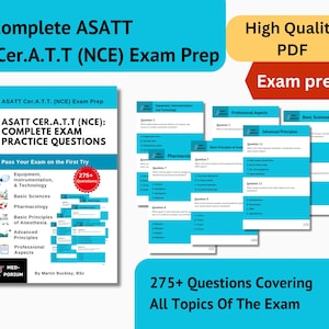 May include: A digital exam prep resource for the ASATT Cer.A.T.T. (NCE) exam. The image features a book cover with practice questions, and several open pages with exam questions. The text includes "275+ Questions Covering All Topics Of The Exam."