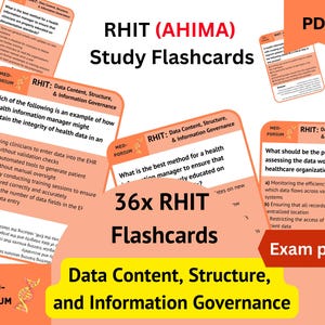 May include: A set of 36 flashcards designed for the Registered Health Information Technician (RHIT) exam. The flashcards are orange and white with the text "36x RHIT Flashcards" and "Data Content, Structure, and Information Governance".