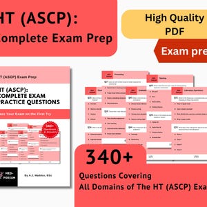 Könnte beinhalten: Digitale Prüfungsvorbereitungsmaterialien für die HT (ASCP)-Prüfung. Das Bild zeigt ein Buchcover mit dem Titel "HT (ASCP): COMPLETE EXAM PRACTICE QUESTIONS" und eine Reihe von Übungsfragen. Die Ressource umfasst über 340 Fragen und Antworten.