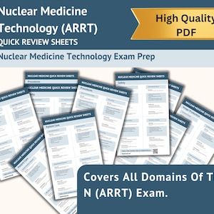 Può includere: Una raccolta di fogli di ripasso rapido per la tecnologia di medicina nucleare (ARRT) in formato PDF. I documenti presentano layout blu e bianchi con intestazioni come Patient Care, Procedures e Safety per la preparazione agli esami.