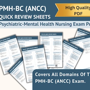 May include: A collection of white quick review sheets for the PMH-BC (ANCC) exam, with the text "PMH-BC QUICK REVIEW SHEETS" and "Psychiatric-Mental Health Nursing Exam Prep." The sheets cover all exam domains and are labeled "High Quality PDF."