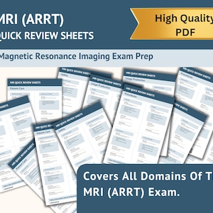 Op de afbeelding: Een verzameling MRI (ARRT) Quick Review Sheets in PDF-formaat. De documenten hebben blauwe en witte koppen met tekst zoals Patient Care, Safety, Image Production en Procedures. Een gouden banner vermeldt de tekst High Quality PDF.