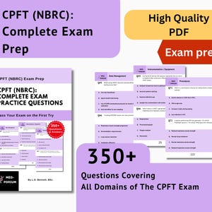 Pode incluir: Um guia digital de preparação para o exame CPFT (NBRC). A capa apresenta o título "CPFT (NBRC): COMPLETE EXAM PRACTICE QUESTIONS" com o texto "Pass Your Exam on the First Try". O guia inclui mais de 350 perguntas e respostas.