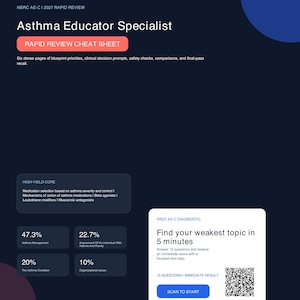 Könnte beinhalten: Ein dunkelblaues Bildungsdokument mit dem Titel Asthma Educator Specialist Rapid Review Cheat Sheet. Es enthält Abschnitte zu Kernthemen, prozentuale Aufschlüsselungen der Prüfungsinhalte und einen QR-Code für einen Test.