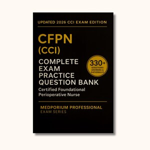 May include: A black book with gold text, titled "CFPN (CCI) COMPLETE EXAM PRACTICE QUESTION BANK." The book includes "330+ QUESTIONS ANSWERS & RATIONALES" and is for the Certified Foundational Perioperative Nurse.