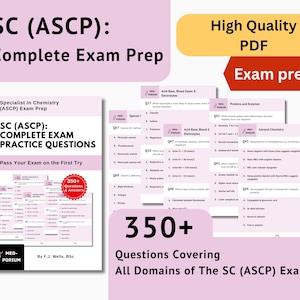 以下が含まれることがあります： 試験対策教材のプロモーション画像。 「SC (ASCP): COMPLETE EXAM PRACTICE QUESTIONS」というタイトルの本と「Pass Your Exam on the First Try」というテキストが表示されています。 画像には試験問題と「350+ Questions Covering All Domains of The SC (ASCP) Exam」というテキストも含まれています。