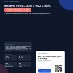 May include: A dark blue educational document titled Registered Cardiovascular Invasive Specialist Rapid Review Cheat Sheet by MedPorium. It includes high-yield core clinical topics, percentage breakdowns of procedural categories, and a QR code.