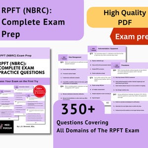 Pode incluir: Um guia de preparação abrangente para o exame RPFT (NBRC). A imagem apresenta um livro com o título "RPFT (NBRC): COMPLETE EXAM PRACTICE QUESTIONS" e inclui mais de 350 perguntas e respostas. O guia foi projetado para ajudar os alunos a passar no exame.