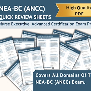 May include: A collection of white quick review sheets for the NEA-BC (ANCC) exam, with titles like "Leadership" and "Health Care Delivery." The image includes the text "High Quality PDF" and "Covers All Domains Of The NEA-BC (ANCC) Exam."