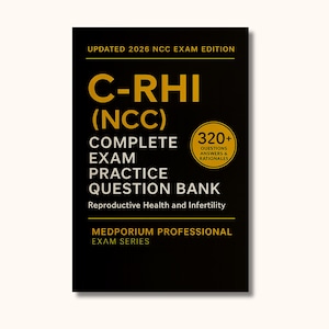 May include: A black book with gold lettering and the title "C-RHI (NCC) COMPLETE EXAM PRACTICE QUESTION BANK" is displayed. The book includes the text "UPDATED 2026 NCC EXAM EDITION" and "320+ QUESTIONS ANSWERS & RATIONALES". The book is part of the Medporium Professional Exam Series.