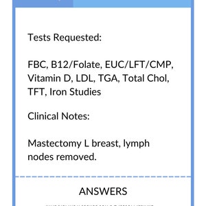 Pode incluir: Um formul&aacute;rio de patologia com o t&iacute;tulo "PATHOLOGY FORM" e o logotipo "MED-PORIUM". O formul&aacute;rio lista os testes solicitados, incluindo FBC, B12/Folate e Vitamina D. As notas cl&iacute;nicas indicam "Mastectomia mama E, g&acirc;nglios linf&aacute;ticos removidos."