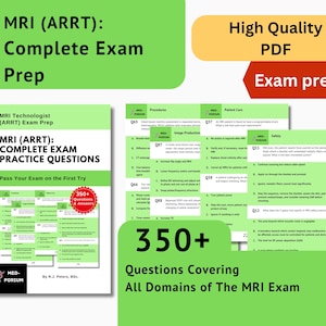 Peut inclure: Un guide d'étude vert et blanc intitulé "IRM (ARRT): Questions pratiques complètes pour l'examen" avec le texte "Réussissez votre examen du premier coup". L'image comprend également un "PDF de haute qualité" et "Préparation à l'examen" avec plus de 350 questions.