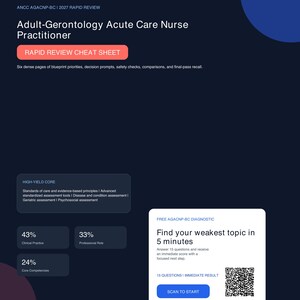 May include: A dark blue educational document titled Adult-Gerontology Acute Care Nurse Practitioner 2027 Rapid Review Cheat Sheet. It features a coral button, percentage statistics, a diagnostic QR code, and MedPorium branding.