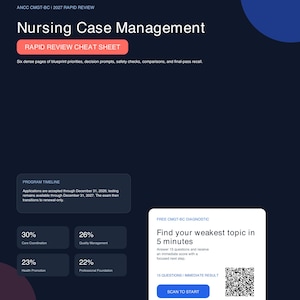 May include: A dark blue educational document titled Nursing Case Management Rapid Review Cheat Sheet for ANCC CMGT-BC 2027. It includes a program timeline, exam topic percentages, and a white box with a QR code to scan for a diagnostic test.