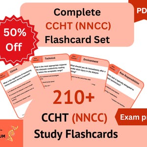 Puede incluir: Un conjunto de tarjetas de estudio para el examen CCHT (NNCC). Las tarjetas son blancas con texto rojo e incluyen temas como clínico, técnico, medio ambiente y responsabilidades. La imagen también incluye una pegatina roja con un 50% de descuento.