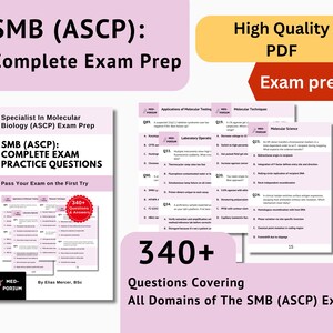 Könnte beinhalten: Ein Studienführer für die SMB (ASCP)-Prüfung. Das Cover zeigt den Titel "SMB (ASCP): COMPLETE EXAM PRACTICE QUESTIONS" mit einem roten Kreis mit der Aufschrift "340+ Questions & Answers". Der Leitfaden enthält Fragen zur Prüfungsvorbereitung.