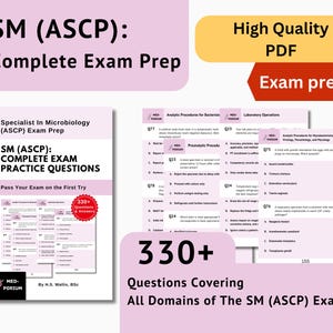 Puede incluir: Una guía completa de preparación para el examen SM (ASCP). La portada muestra "SM (ASCP): Complete Exam Practice Questions" con "330+ Questions & Answers". La guía incluye preguntas de práctica que cubren todos los dominios del examen.
