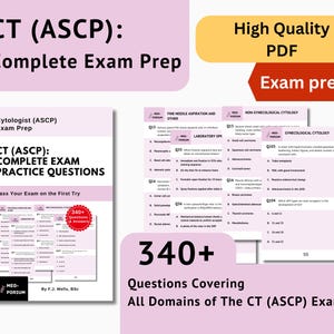 Puede incluir: Un libro y una guía de estudio titulada "CT (ASCP): Complete Exam Practice Questions" con el texto "Pass Your Exam on the First Try". Incluye preguntas de práctica y respuestas para el examen CT (ASCP).
