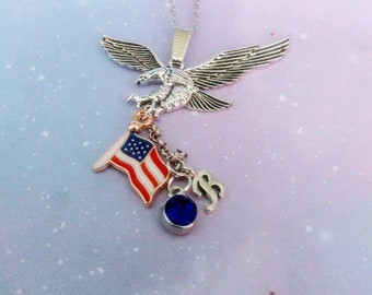 Personalized Patriotic Birthstone Necklace with Custom Birthstone , Initial Memorial Day, Veterans Day, Independence Day, Military Family
