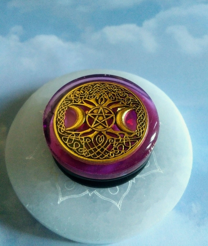 Purple with Gold Triple Moon Goddess, Tree of Life, Pentacle, Phone Art with Optional Phone Grip, Extendable Phone holder and Kickstand image 1