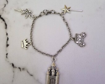 Disney Princess Inspired Charm Bracelet for younger girls 6" or 7" Stainless Steel Silver 5 charms castle, carriage, crown, fairy and wand