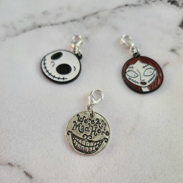 Nightmare Before Christmas and Cheshire Cat Zipper Pulls, Jack or Sally Skellington, silver tone.