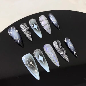 Spray Blue and Black Press on Nails Long Almond Nails/3d Silver Chrome ...