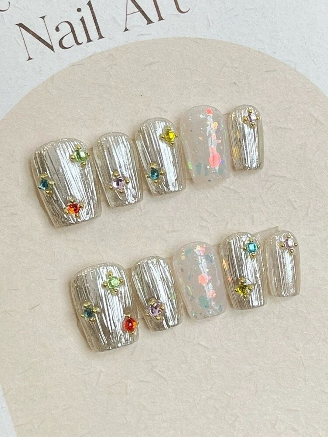 Metallic Silver Press on Nails Short/colorful Gemstones Nails/y2k Nails ...