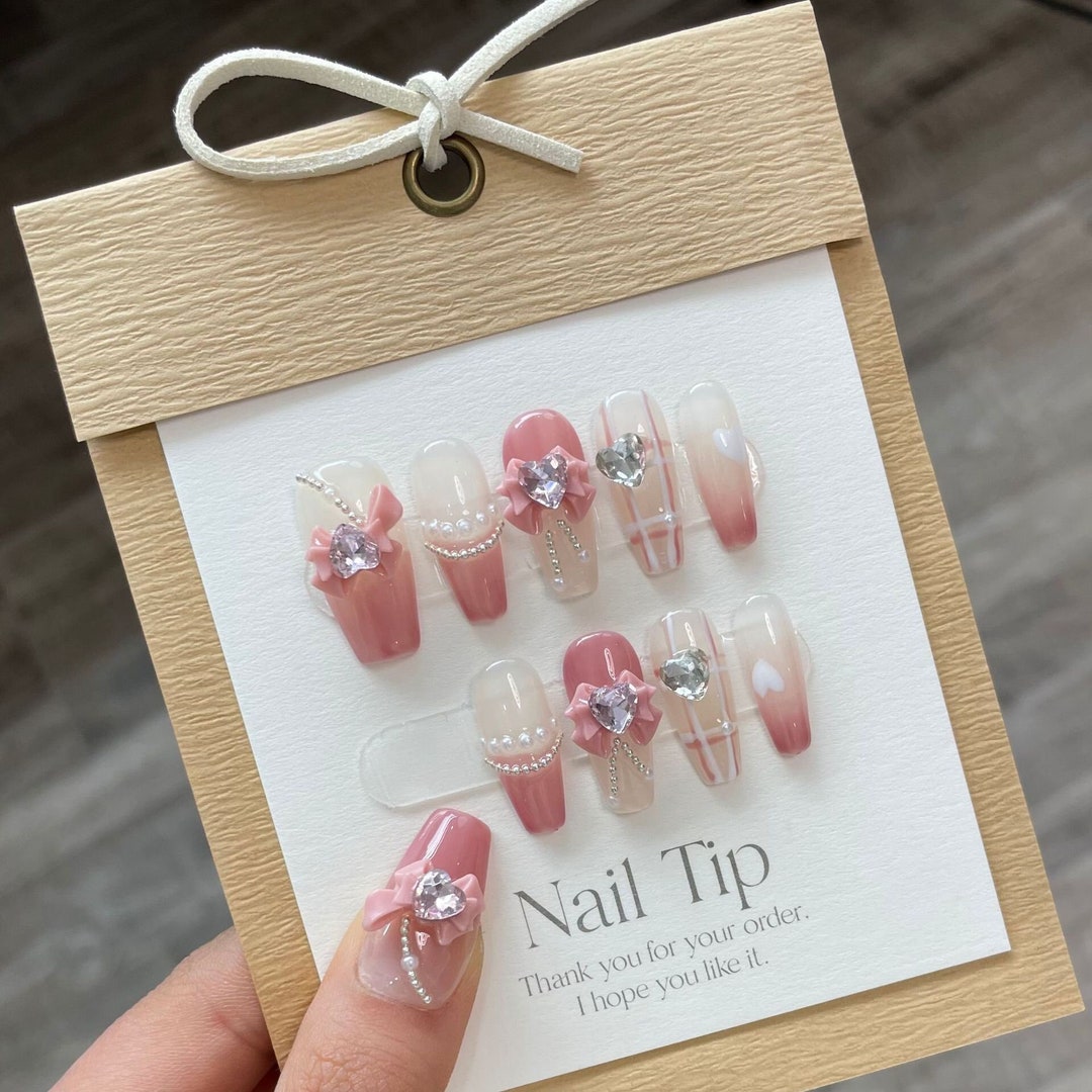 French Pink Press on Nails Long/bow Tie and Heart Fake Nails/pearl Soft ...