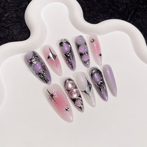 Glitter Purple and Pink Press on Nails Long Almond Nails/3d Silver ...