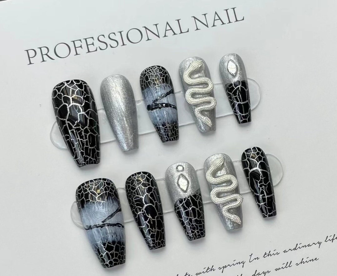 Gothic Press on Nails Black Serpentine Press on Silver Three